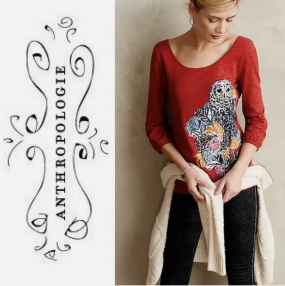 Anthropologie Postmark Forest Fete OWL FLORAL Graphic Tee Shirt Top Red Large